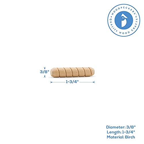 Wooden Dowel Pins 3/8 inch x 1-3/4 inch, Pack of 100 Spiral Dowel Joints for Woodworking, Furniture and Crafts, by Woodpeckers - size: 3/8 inch x 1-3/4 inch