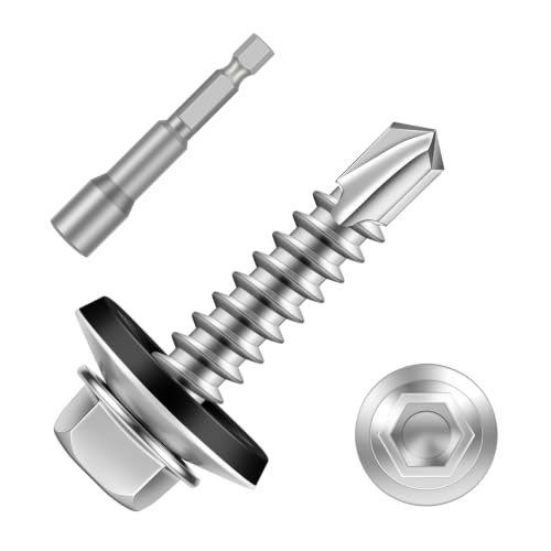 #10 x 1 Zinc Plated Steel Self Drilling Roofing Screws, Hex Head Self Tapping Screws with EPDM Washer, 100 PCS - color: Silver, size: #10 x 1"