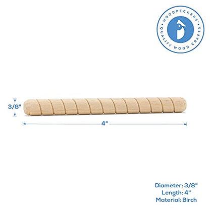 Wooden Dowel Pin 3/8" x 3", Pack of 100 Spiral Dowel Joints for Woodworking, Furniture and Crafts, by Woodpeckers - size: 3/8 inch x 4 inch