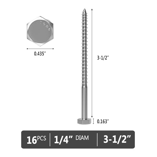 VGBUY 1/4" x 3-1/2" Hex Head Lag Screws 16Pcs, 304 Stainless Steel 18-8 Lag Bolts Wood Screws Heavy Duty Large Screws for TV Mounts, Deck, Boat Repair - size: 1/4x3-1/2 (16pcs)