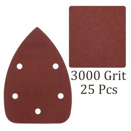 25pcs Mouse Sander Detail Sandpaper - [3000 Grit, 3.5" x 5.5"] Triangle Hook and Loop Assorted Sanding Pads Sheet for Wood Furniture Polishing Use | 5 Hole, Aluminum Oxide