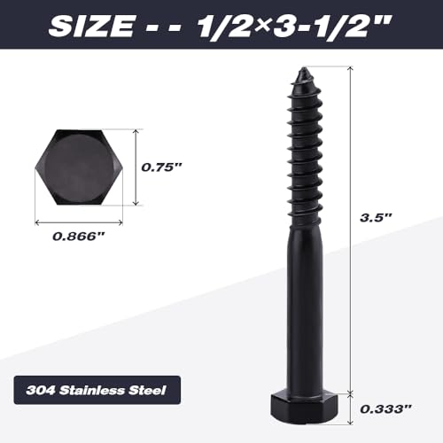 6-Sets 1/2 x 3-1/2" Hex Lag Screws and 1/2" ID Flat Washers, 304 Stainless Steel 18/8, Black Coated, Heavy Duty Wood Screws for Deck/Fence/Floor, by AOESIN - size: 1/2 x 3-1/2"