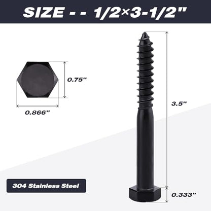 6-Sets 1/2 x 3-1/2" Hex Lag Screws and 1/2" ID Flat Washers, 304 Stainless Steel 18/8, Black Coated, Heavy Duty Wood Screws for Deck/Fence/Floor, by AOESIN - size: 1/2 x 3-1/2"