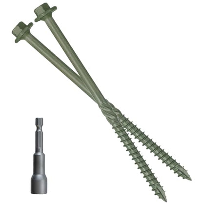 [Pack of 100] #14 x 8 Wood Structural Screws, Green Coated Heavy Duty Hex Head Timber/Log/Landscaping Wood Screws, Rust Resistant, Hex Socket Included - color: Green, size: #14 x 8"
