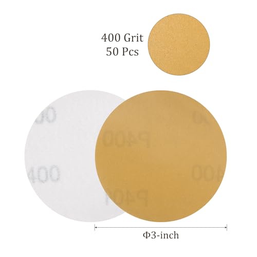 50pcs No Hole Sanding Discs- [ 3 Inch 400 Grit ] Round Hook and Loop Grip Sanding Pads Sandpaper for Automotive Woodworking Metal Polishing Use| Gold, Aluminum Oxide - size: 400 grit