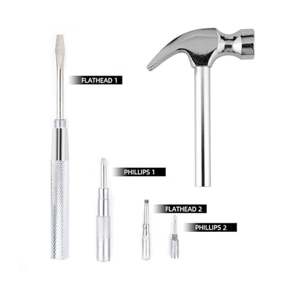 6-in-1 mini multifunctional metal hammer and screwdriver hand tool for opening walnuts, including cross and flat screwdrivers, home repair tools, and camping hammer set (Silver) - color: Silver