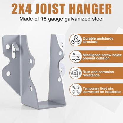 2x4 Joist Hangers Galvanized 60 Pcs,16 Gauge Face Mount Joist Hanger - size: 2" x 4"