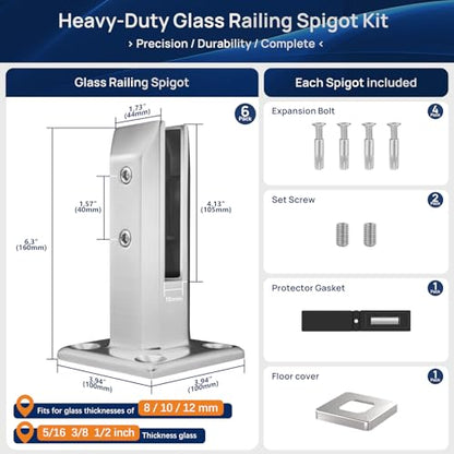 LukLoy 6 Pack T304 Stainless Steel Glass Railing Spigot Brushed - color: Silver - 6 Pack