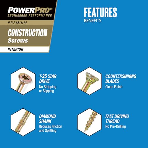 Power Pro Wood Screws, #9 x 2-1/2in, 443 Pack, Gold Zinc - size: 5 lb Tub, style: #9 x 2-1/2"