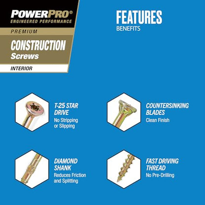 Power Pro 295 Pc Interior Wood Screws (#10 x 3-1/2") | Star Drive Flat Head Fastening Screws | No Split Twist Shank Wood Screws for Framing Structural Interior Wood Projects