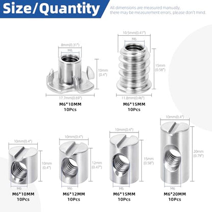 Glarks 60pcs M6 x 10/12/15/20mm Nickel Plated Barrel Cross Dowels Slotted Nut Kit, Includes 40pcs Barrel Nut, 10pcs M6x10mm 4-Pronged Tee Nut, 10pcs M6x15mm Hex Socket Threaded Insert Nuts - size: M6, style: 60pcs Silver Barrel Nut Set