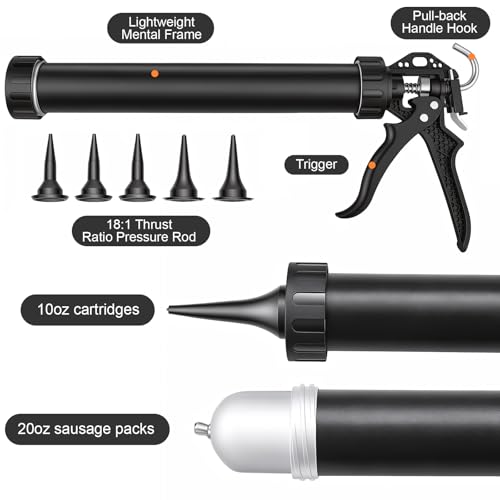 Sausage Caulk Gun Kit, 20 Oz & 10 Oz Convertible, 5 Tips