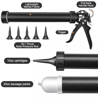 Sausage Caulk Gun Kit, 20 Oz & 10 Oz Convertible, 5 Tips