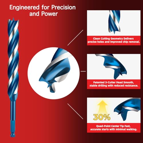 1" x 24" Wood Auger Drill Bits, 3-Flute Hex Shank - size: 1" x 24"