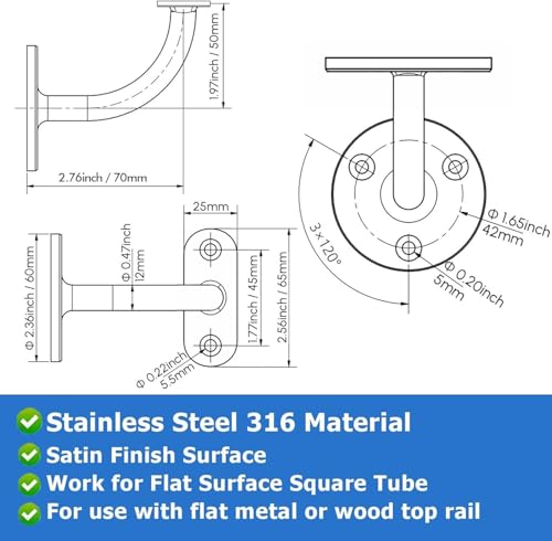Stair Railing Bracket, 4 Pack Stainless Steel 316 Marine Grade Wall Mount Handrail Bracket for Wood & Metal Stair Railing, Support Flat Surface Square Tube, Brush Finish - size: Stainless Steel 316, style: 4 Pack