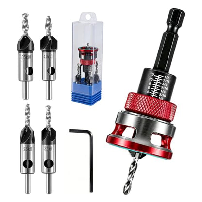 5PCS Countersink Drill Bit Set, Four-Flute Wood Countersink Bit with Adjustable Depth Stop Collar and L Shape Wrench, Aluminum Alloy Counter Sink Drill Bits for Plywood, DIY, Woodworking