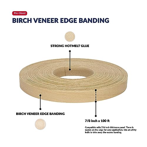 Birch Edge Banding 7/8 inch x 100 feet Wood Veneer Pre Glued Adhesive Edging Trim Band Tape Iron On Flexible Strip Roll Laminate Cabinate Countertop Furniture Shelf MDF Board Paintable Edgebanding - size: 7/8 in x 100 ft
