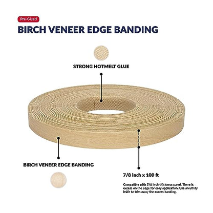 Birch Edge Banding 7/8 inch x 100 feet Wood Veneer Pre Glued Adhesive Edging Trim Band Tape Iron On Flexible Strip Roll Laminate Cabinate Countertop Furniture Shelf MDF Board Paintable Edgebanding - size: 7/8 in x 100 ft