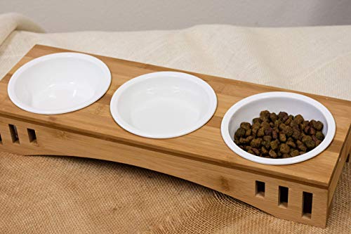 Elevated Pet Feeder Stand Three Bowls, Bamboo Wood, Small to Medium Pets