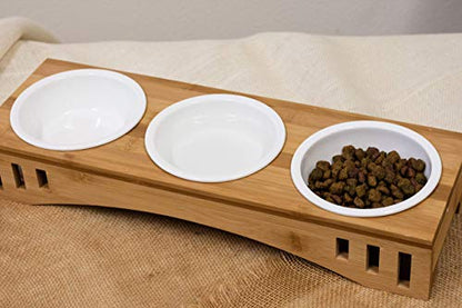 Elevated Pet Feeder Stand Three Bowls, Bamboo Wood, Small to Medium Pets