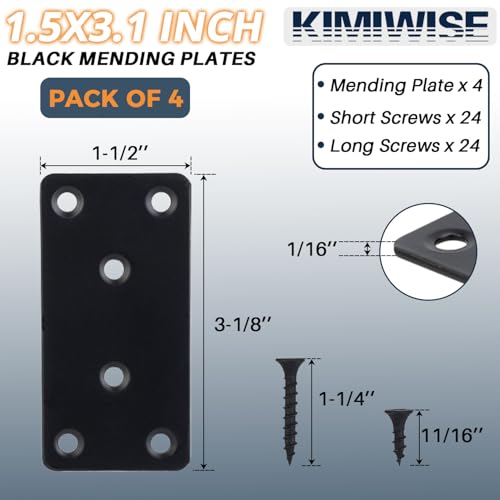 4 Pcs Flat Mending Plate, 1.5''x3.1'' Black Stainless Steel Metal Flat Straight Brace Bracket, Fixing Brace Joining Plates for Furniture, Wood, Shelves, Cabinet with 2 Different Lengths of Screws - size: 4pcs-40x80mm/1.57x3.15''