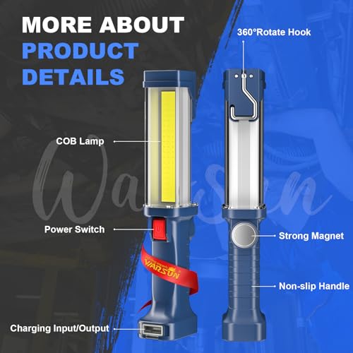 WARSUN LED Work Light Rechargeable, Portable Mechanic Trouble Light with1200 Lumens, COB worklight Magnetic Base, Cordless Floodlight for Car Repair, Camping, Hiking, Gift for Dad - style: COB