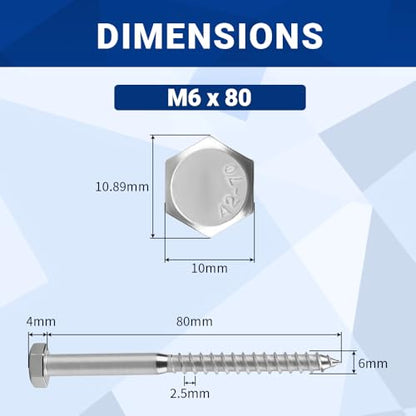 12-Sets M6 x 80mm Hex Head Lag Screws Bolts with Flat Washers, 304 Stainless Steel (18/8), Partial Thread, Heavy Duty Hex Head Lag Deck/Wood Screws - size: M6 x 80mm