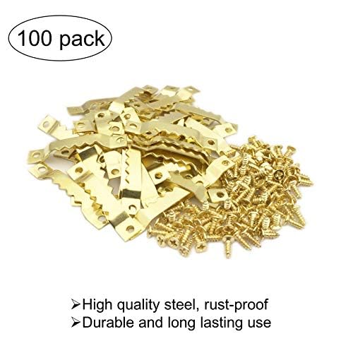 100 Pack Small Steel Sawtooth Picture Hangers with Screws (Gold) - color: Small Gold - 100 Pack