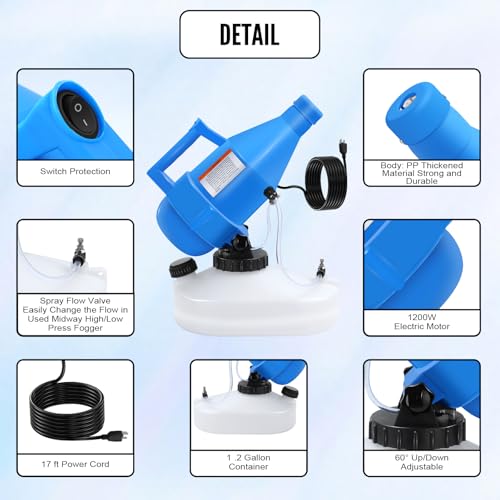 4.5L(1.2 Gallon) Tank, Portable Electric ULV Cold Fogger 1200W Adjustable Flow Fine Mist Sprayer with Long 17ft Power Cord for Home, Garden, Cleaning