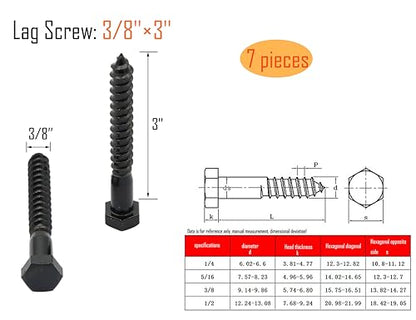 LBY 7pcs Lag Screws, 3/8" x 3" Hex Head Lag Screws Bolts (with Washers), Heavy-Duty Wood Screws for Decking & Structural Fastening, 304 Stainless Steel, (Black) - size: 3/8" x 3"