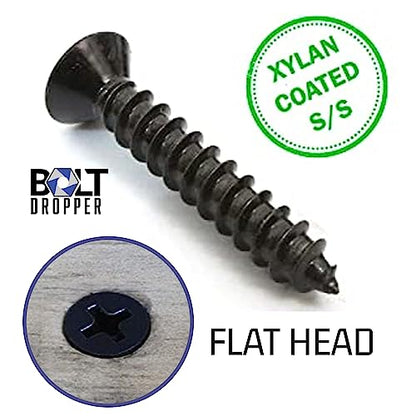 Bolt Dropper #8 x 1 Inch Wood Screws, Pack of 100 - Black Xylan Coated Stainless Steel Flat Head Phillips Screw - Corrosion Resistant for Wood, Drywall Applications, and Outdoor Use - size: #8 x 1"