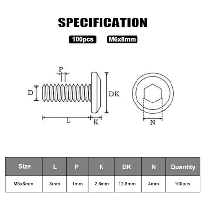 VGBUY M6-1.0 x 8 mm 100Pcs Flat Head Hex Socket Cap Screws Bolts,304 Stainless Steel 18-8,Full Thread,Hex Spanner Included (VG30101) - size: M6 x 8-100pcs