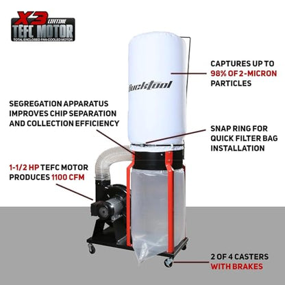 BUCKTOOL 1-1/2 HP Dust Collector, Internal Dust Baffle, 1100 CFM Airflow - size: 1100CFM