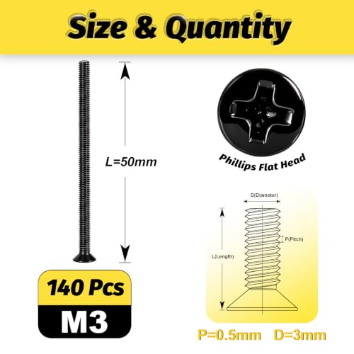 KADRICK M3 x 50mm Countersunk Screws, 140PCS, M3 Flat Head Screws - size: M3x50mm 140PCS