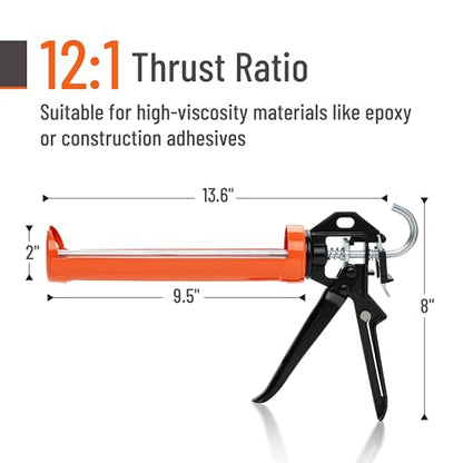 Bates- Caulking Gun, 12:1 Thrust Ratio, Black & Orange, Caulking Tool Gun, Caulk Gun No Drip, Hand Caulking Guns, Silicone Gun, Caulking Gun Tool, No Drip Caulk Gun