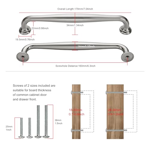 TUNNY 10 Pack Cabinet Handles-6.3"/160mm Screw Spacing Brushed Nickel Furniture Hardware Handles for Kitchen Cabinets Bedroom Dresser Wardrobe Cabinet Pulls - color: Brushed Nickel, size: 6.3"(160mm)Hole Center-10Pcs