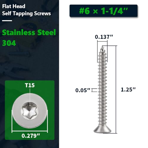 100 Pcs #6 x 1-1/4 Torx Flat Head Sheet Metal Screws with Bit, 304 Stainless Steel 18-8, 6-Lobe Star Drive Self Tapping Screws for Cabinetry & Switch Plates - size: #6 x 1-1/4"