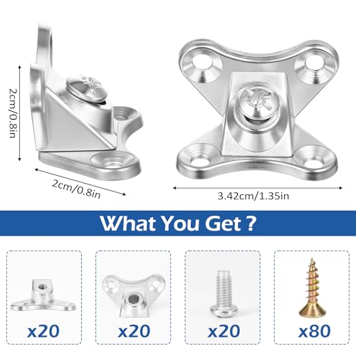 20 Pack L Bracket, Detachable Corner Brace, Heavy Duty Butterfly Metal Brackets with 80 Pcs Screws, Right Angle Support for Wood Furniture Cabinet Shelves Table Chair Bed, Silver