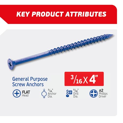 3/16 x 4 Countersunk Phillips Flat Head Blue Concrete Screw Anchors (100 pcs Screw Kit) with one Screwdriver and Drill Bit for Concrete, Masonry, Block, Brick and Wood Fastening - size: 3/16 x 4 in