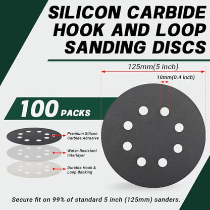 100Pcs 5 Inch 8 Hole 180/240/320/400/600/800/1000/1500/2000/3000 Grit Hook and Loop Wet Dry Sanding Discs, Silicon Carbide Orbital Sander Sandpaper for Automotive Wood Metal Polishing - size: 180/240/320/400/600/800/1000/1500/2000/3000 Grit