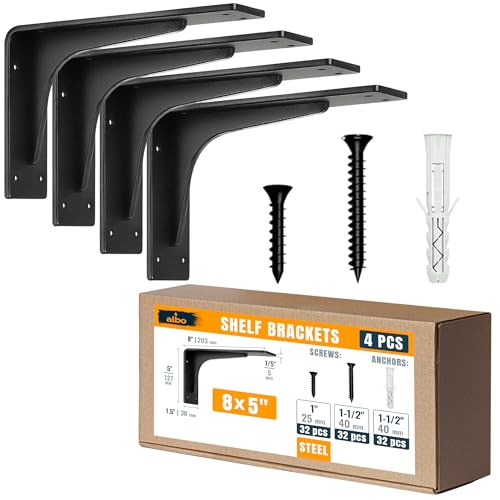ALBO 8 x 5 Inch Shelf Brackets, 4 Pack Heavy Duty Steel L Brackets in Black - size: 8 Inch, style: Heavy Duty Reinforced
