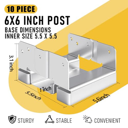 Sliver 10Pcs 6x6 Post Base Brackets for Concrete Inner Size 5.5x5.5 - size: Sliver