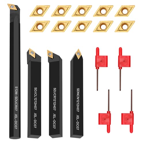 Indexable Lathe Turning Tool 1/2" 12mm Shank 14PCS Kit-4PCS Metal Lathe Tools Holder 10PCS DCMT21.51 Carbide Insert for Grooving Turning Boring SDNCN12120H07/SDJCR1212H07/S12M-SDUCR07/SDJCL1212H07 - style: 4pcs 1/2'' 12mm 07Shanks+10pcs Inserts