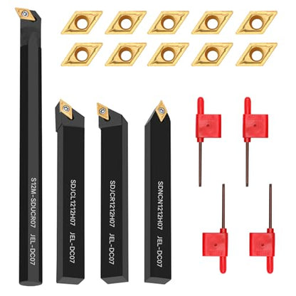 Indexable Lathe Turning Tool 1/2" 12mm Shank 14PCS Kit-4PCS Metal Lathe Tools Holder 10PCS DCMT21.51 Carbide Insert for Grooving Turning Boring SDNCN12120H07/SDJCR1212H07/S12M-SDUCR07/SDJCL1212H07 - style: 4pcs 1/2'' 12mm 07Shanks+10pcs Inserts