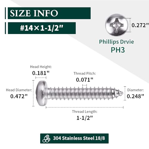#14 x 1-1/2" Pan Head Sheet Metal Screws, 304 Stainless Steel 18-8, Phillips Drive, Self Tapping, Corrosion Resistant Screws for Wood Sheet Metal, Pack of 25 - size: #14 x 1-1/2"