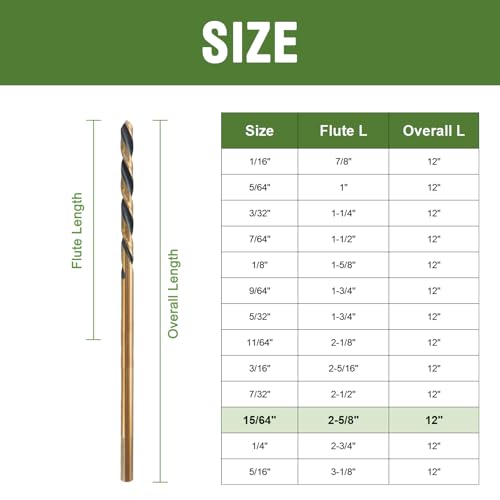 15/64 x 12 Inch Extra Long Drill Bits (2 Pack), Aircraft Drill Bit Black and Gold M2 HSS for Wood, Plastic, Thin Metal Sheet - size: 15/64"