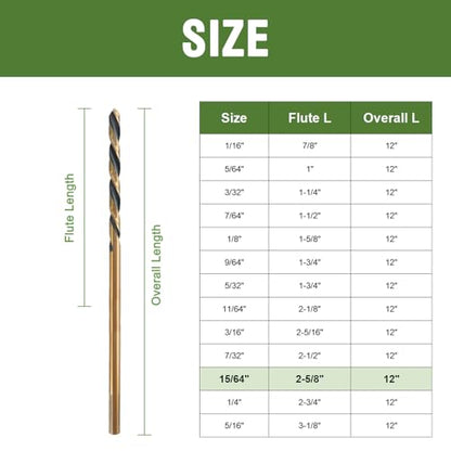 15/64 x 12 Inch Extra Long Drill Bits (2 Pack), Aircraft Drill Bit Black and Gold M2 HSS for Wood, Plastic, Thin Metal Sheet - size: 15/64"