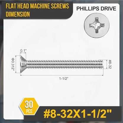 DTGN #8-32x1-1/2 Phillips Flat Head Machine Screw 304 Silver 30pcs - color: Silver, size: #8-32x1-1/2"