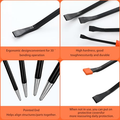 Chumia 8 Piece Pry Bar Set Heavy Duty Carbon Steel and Chrome Vanadium Bars with Ergonomic Handles and Rolling Heads 6" 8" 12" 18" 24" Mechanics Automotive Repair Hand Tools for Scraping Lifting