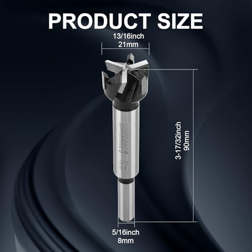Mollom (21mm|13/16") Triple Flute Forstner Drill Bit for Woodworking with 3-Cutter YG8 Carbide Tipped of 2.0mm,Hinge Cutter Tool Kits for Hard Soft Wood, Plastic, Plywood - size: 21mm | 13/16"